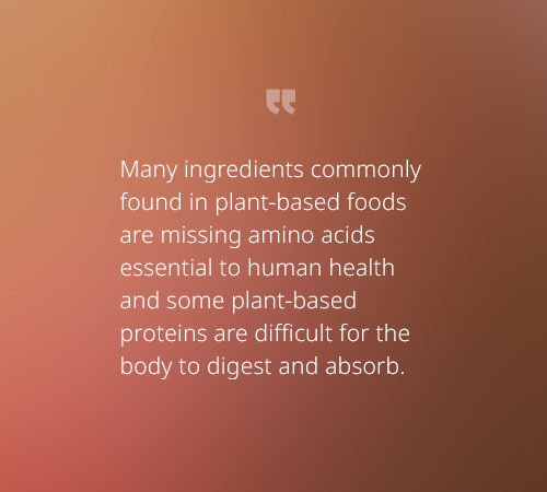 Many ingredients commonly found in plant-based foods are missing amino acids essential to human health and some plant-based are difficult for the body to digest and absorb.